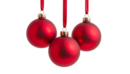 Three hanging, red, matte Christmas ornaments against a black background