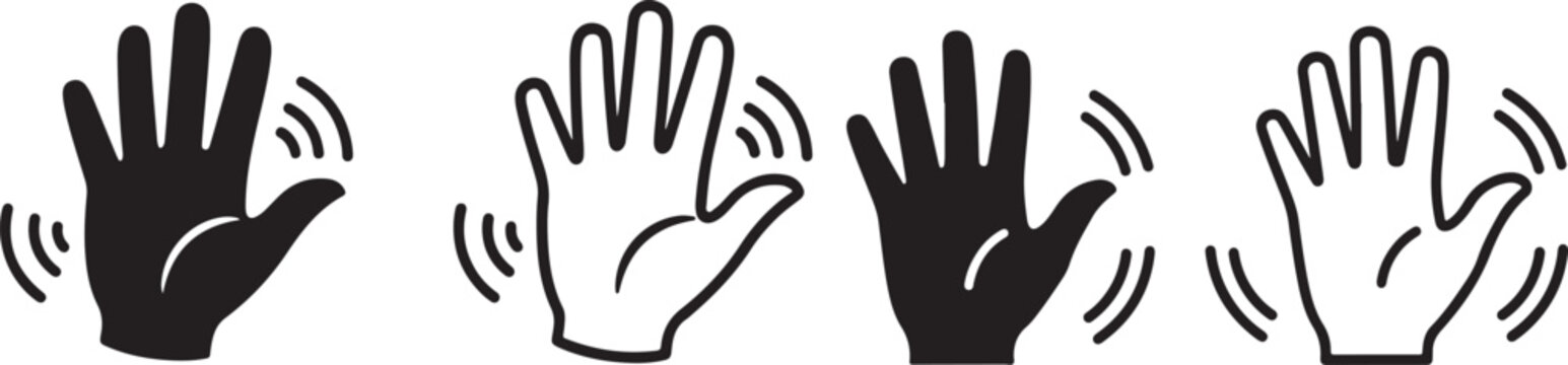 Waving hand icon set. Hand gestures for hello, welcome, bye, and goodbye. Friendly greeting gesture symbols. Stock vector illustration