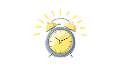 Yellow alarm clock with sunburst effect isolated on a transparent background gray