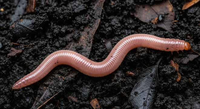 Close-up view of an earthworm, a pink annelid, crawling across dark, rich soil with scattered leaves
