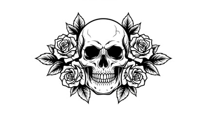 Obraz premium A black and white illustration of a skull surrounded by roses and leaves in a floral arrangement