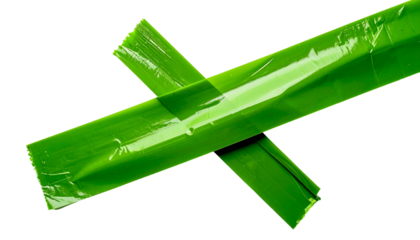 Two overlapping strips of bright green tape crossing against a solid black background