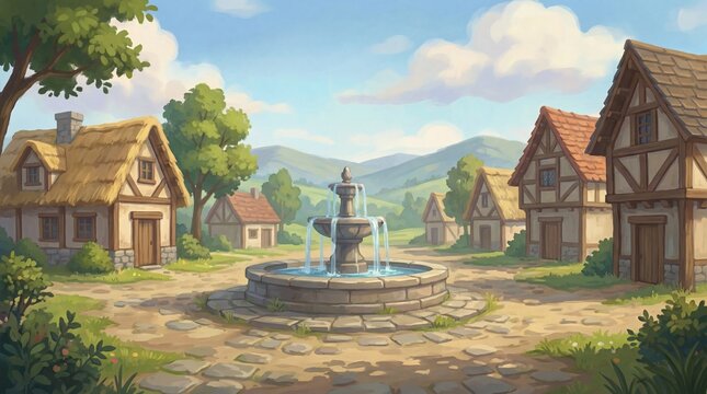 Medieval Village Square with Fountain &mdash; Daytime Game Background