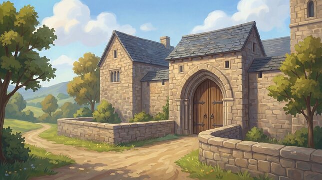 Medieval Abbey Courtyard &mdash; Daytime Game Background