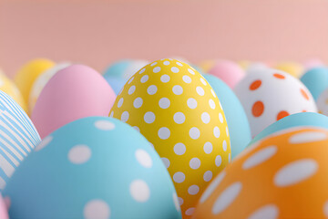 Group of colorful decorated Easter egg. Holiday decoration for Easter season. Bright festive background for greeting card design.