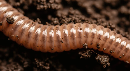 Close-up view of an earthworm's segmented body against dark, rich soil, showcasing texture and detail of the annelid creature