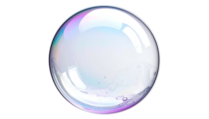 Macro shot of a translucent soap bubble with swirling iridescent colors and highlights