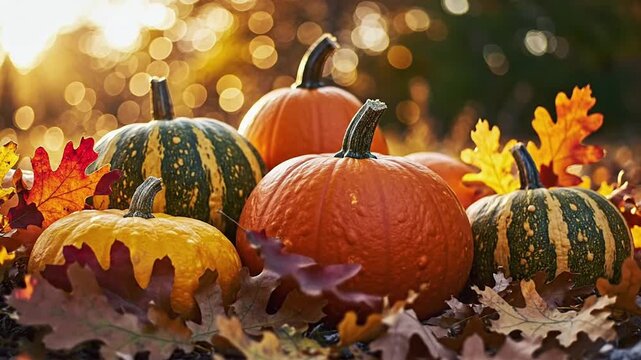 Autumn pumpkins with colorful fall leaves in warm sunlight