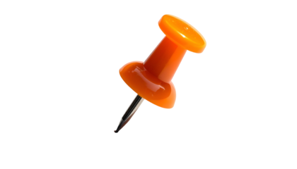 Close-up of a bright orange pushpin, casting a slight shadow on a solid black background