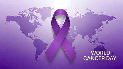 Purple ribbon on world map for world cancer day awareness campaign symbolizing hope and solidarity