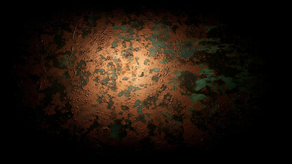 Abstract copper and green textured metal background with a dark gradient edge