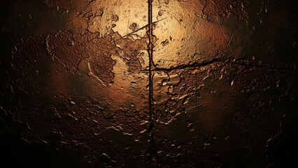 Abstract cracked bronze surface with light reflecting, vintage metal texture