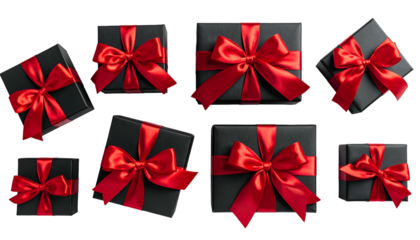 Array of eight black gift boxes tied with bright red silk bows on a black background