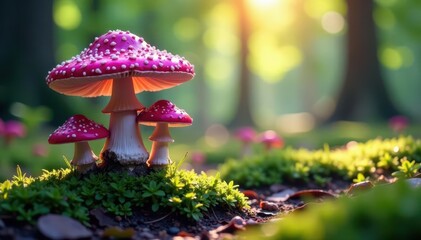 Towering, amethyst-colored toadstools in sun-dappled glade, beauty, colorful