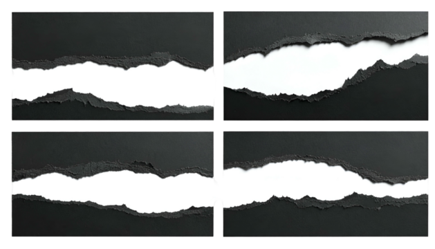 Four panels showing torn black paper revealing white space underneath - Powered by Adobe