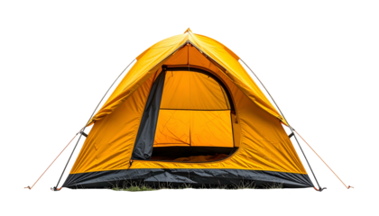 A sunny yellow camping tent stands open, isolated against a solid black background