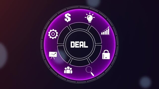 Strategic investment deal and legal partnership interface for commercial excellence, circular hud representing financial closing and professional goals