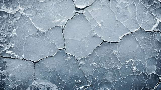 Cracked ice surface creating abstract pattern, a symbol of winter fragility