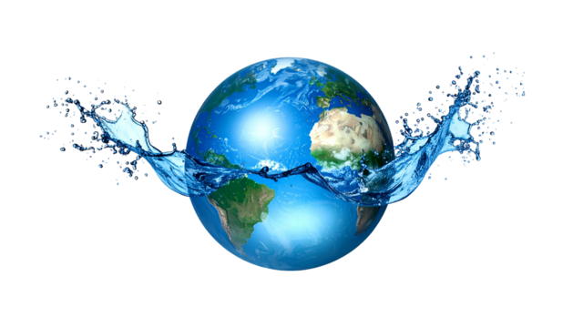 A globe surrounded by a stylized splash of water against a stark black background - Powered by Adobe