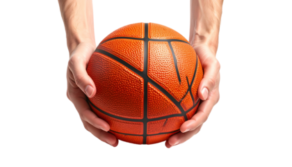 Close-up of two hands cupping a detailed orange basketball, isolated on black