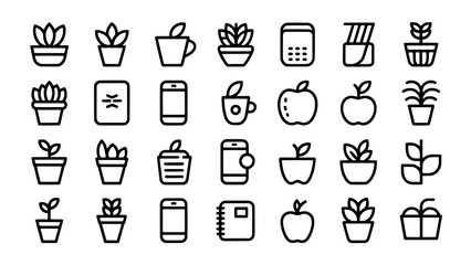 Minimalist line icon set featuring potted plants, leaves, mugs, smartphones, notebooks, apples, and pots in black outlines; versatile vector SVG