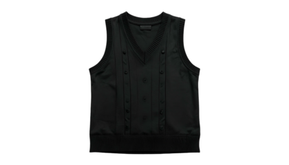 Black sleeveless knit vest with V-neck, buttons, and ribbing, isolated on black background