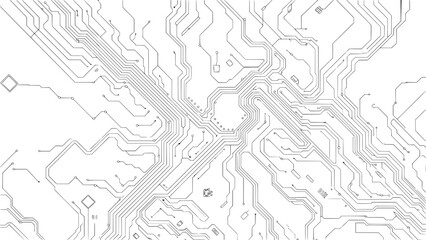 Abstract circuit board pattern with interconnected gray traces on white background, vector PCB pathways for technology concept designs