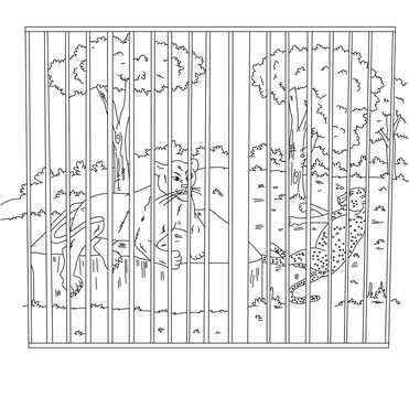 cute cartoonhand drawn vector cheetha and lioness in cage outline.