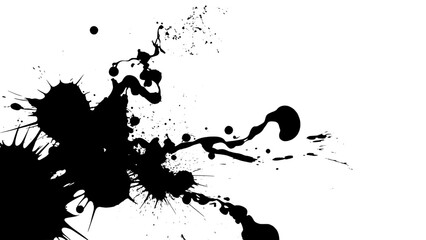 Abstract black ink splatters on white background with dynamic drips and bursts, vector ink texture for graphic design and abstract art projects