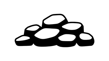 Minimalist black-outline pile of rounded stones stacked together on a clean white background, a simple vector icon style, flat design stone cluster illustration