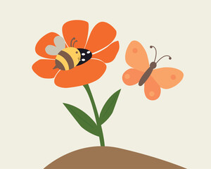 Cute flat vector illustration of a blooming flower with a bee and butterfly