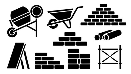 Flat black vector icons of construction and masonry: wheelbarrow with mixer, brick piles, blocks, lumber, scaffold and planks