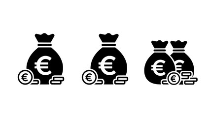 Three black money bag icons with euro symbols and scattered coins, minimalist vector illustration with bold silhouettes on a white background