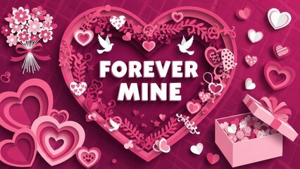 Forever mine valentine day greeting card with heart and flowers