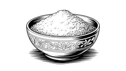 Black and white line art illustration of a decorative ceramic bowl piled with rice, floral pattern around the rim, ink sketch with shading