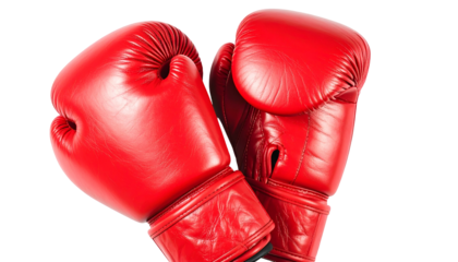 Two vibrant red leather boxing gloves posed against a black background