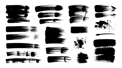 Collection of black brush stroke textures in multiple widths, splatters and ink marks for vector design, grunge textures, and typography