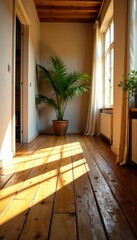 Warm sunlit wooden floorboards, natural grain visible, home, design, sunlight