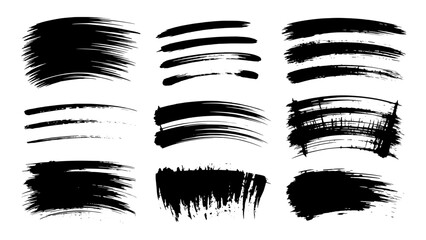 Collection of black ink brush strokes and textures in varying widths and curves for logos, typography, and grunge design accents in vector.