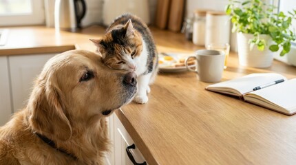 Playful dog and cat companionship in cozy kitchen setting heartwarming animal interaction natural light intimate atmosphere