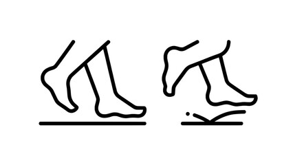 Minimalist line art of two bare feet stepping on a ground line, one foot slipping over a small obstacle in a simple black vector illustration