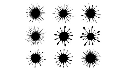 Set of nine black paint splash icons with varied radial patterns, ink blot shapes, SVG elements on white background for logos, UI and design accents