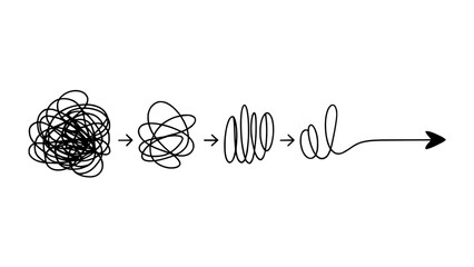Abstract sequence showing transformation from chaotic black scribble to tidy spiral and clean arrow, minimalist line art on white background