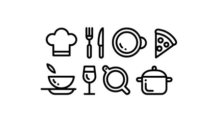 Set of black outline kitchen icons: chef hat, fork and knife, plate, pizza slice, steaming bowl, wine glass, magnifying glass, and pot in minimalist line art.