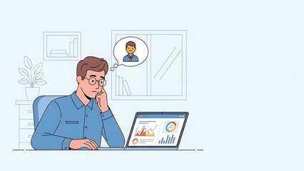 Man in blue shirt thinking with laptop and graphs on screen