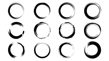 Set of twelve brushstroke circular enso icons in black and gray, varying thickness and texture, arranged in a clean grid on white background for logos