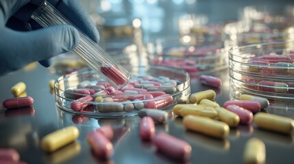 Obraz premium Pharmaceutical research laboratory with capsules and test tubes on reflective surface,Report Pharmaceutical Fraud Day