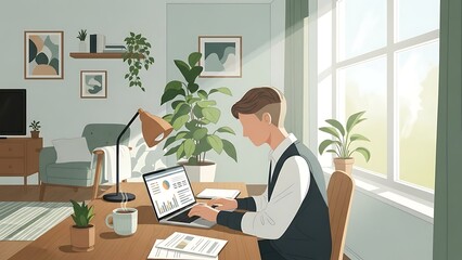 Man working on laptop at home office with plants and coffee