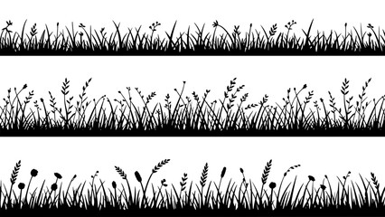 Three black grass silhouette borders with wildflowers, detailed vector border strips for banners, frames, crafts, and decorative designs for layouts