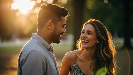 Smiling couple enjoying a beautiful sunset outdoors with warm sunlight